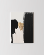 Abstract wall art featuring bold black brushstrokes and textured gold leaf accents.