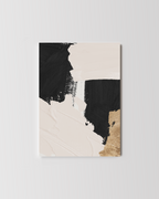 Abstract wall art featuring bold black paint strokes and textured beige and gold brushstrokes.