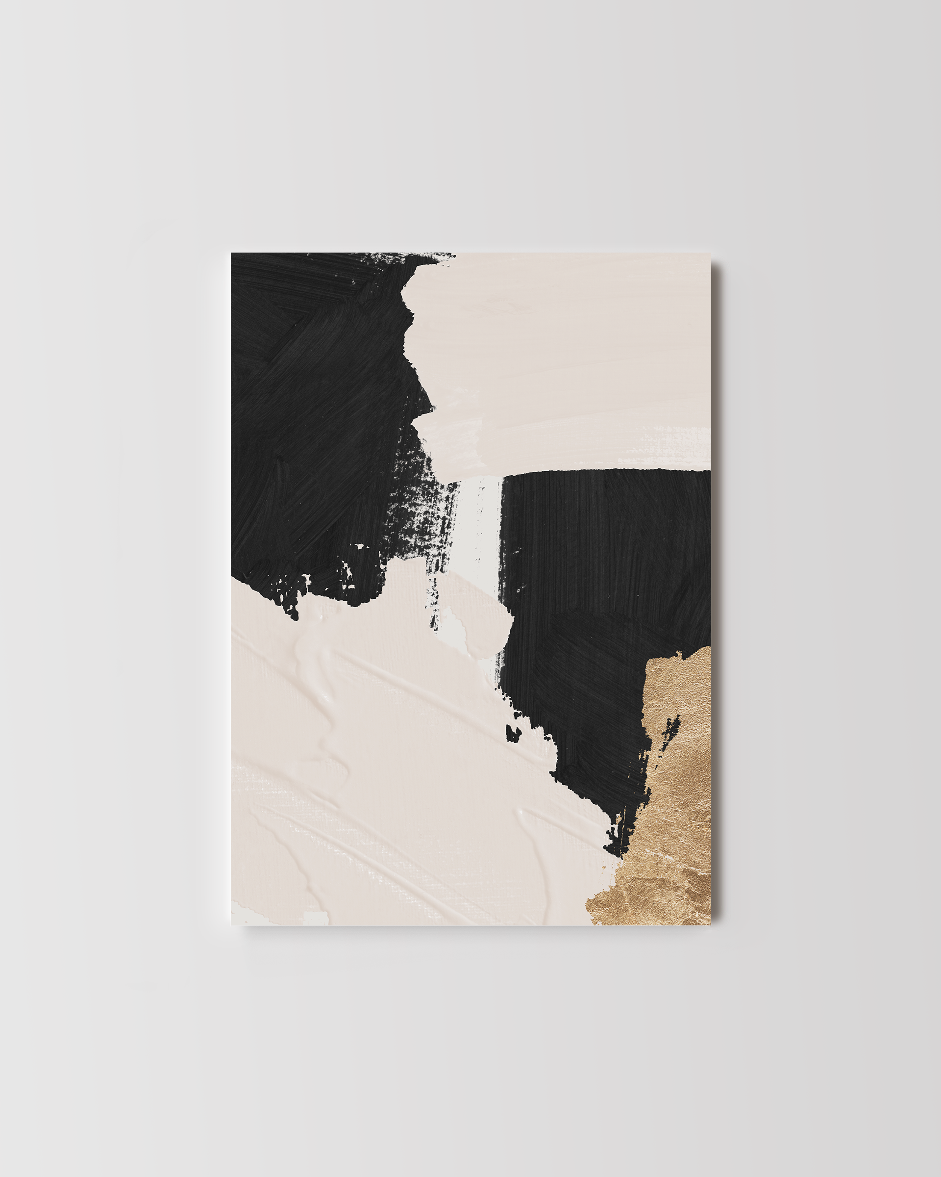 Abstract wall art featuring bold black paint strokes and textured beige and gold brushstrokes.