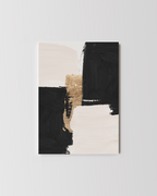 An abstract wall art print featuring bold black and cream brushstrokes with a textured gold foil accent.