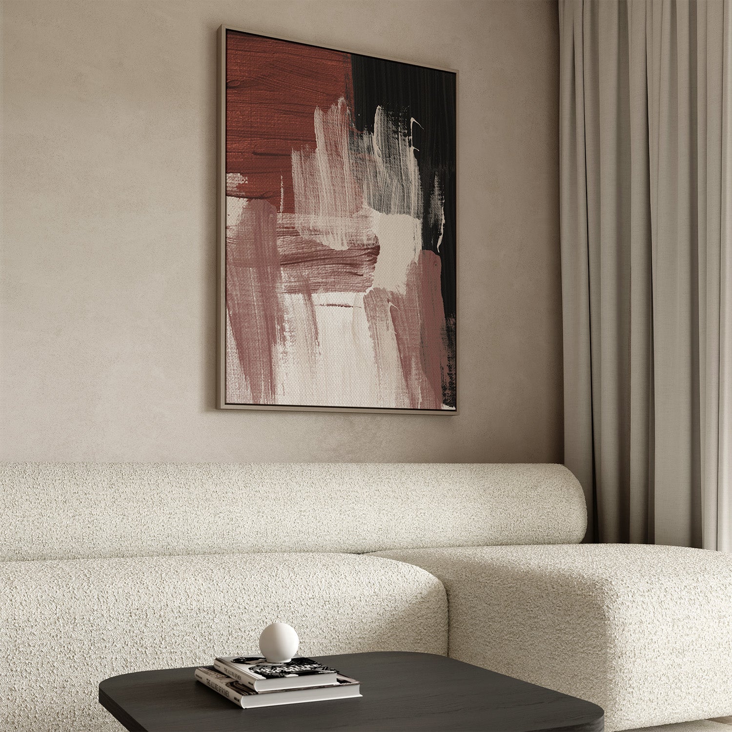 Abstract painting on a wall above a sofa in a living room setting
