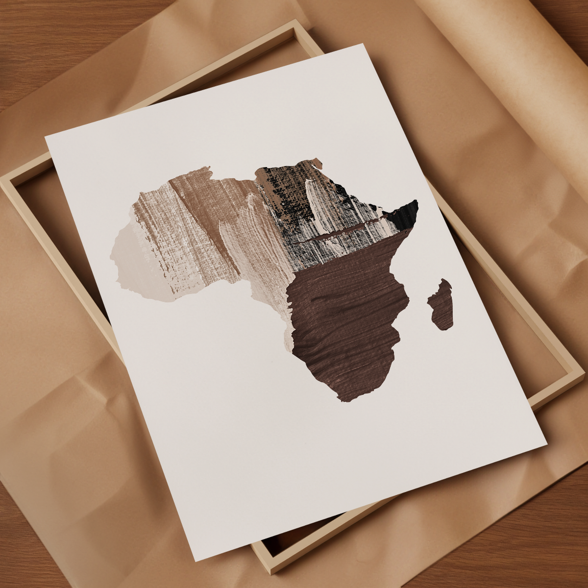 An abstract painted map of Africa in earthy brown, beige, and black tones.