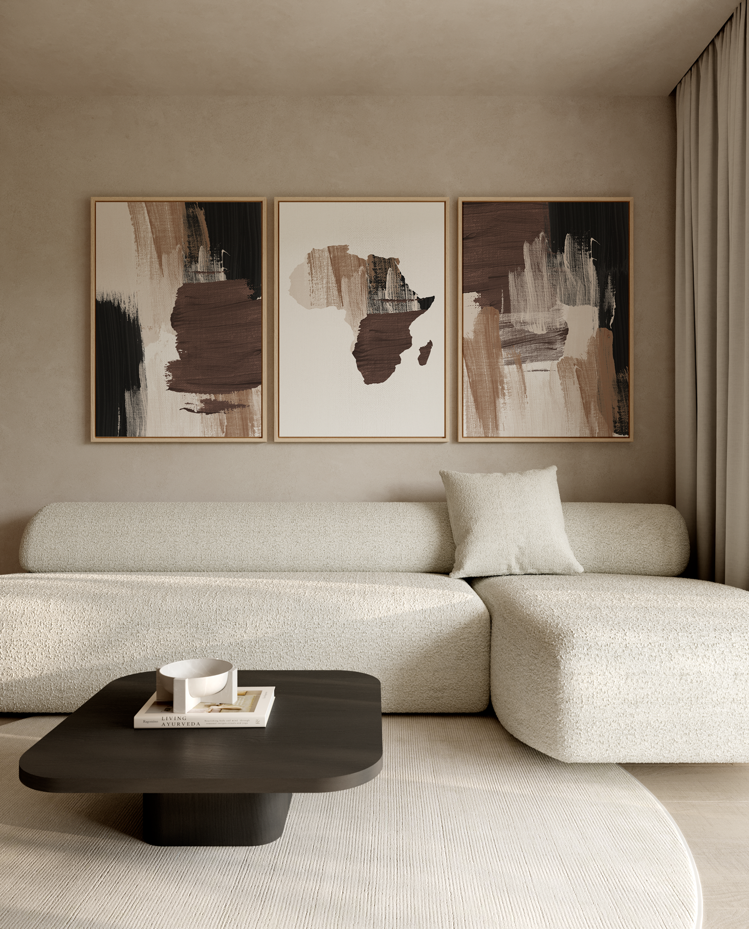 Three framed abstract wall art prints in earthy brown, beige, black, and white tones.