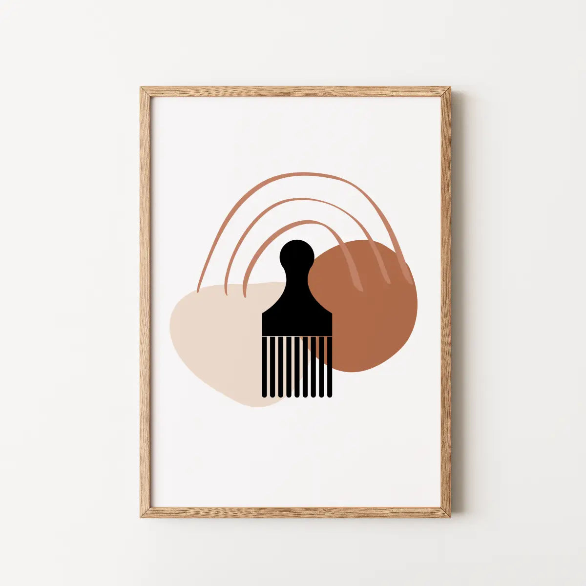 Abstract afro com wall art with abstract beige and terracotta shapes, in a light natural wood frame.