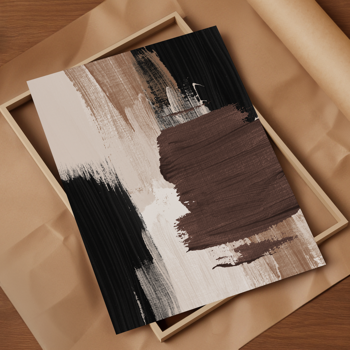 An abstract art print with black, brown, beige, and white brushstrokes.