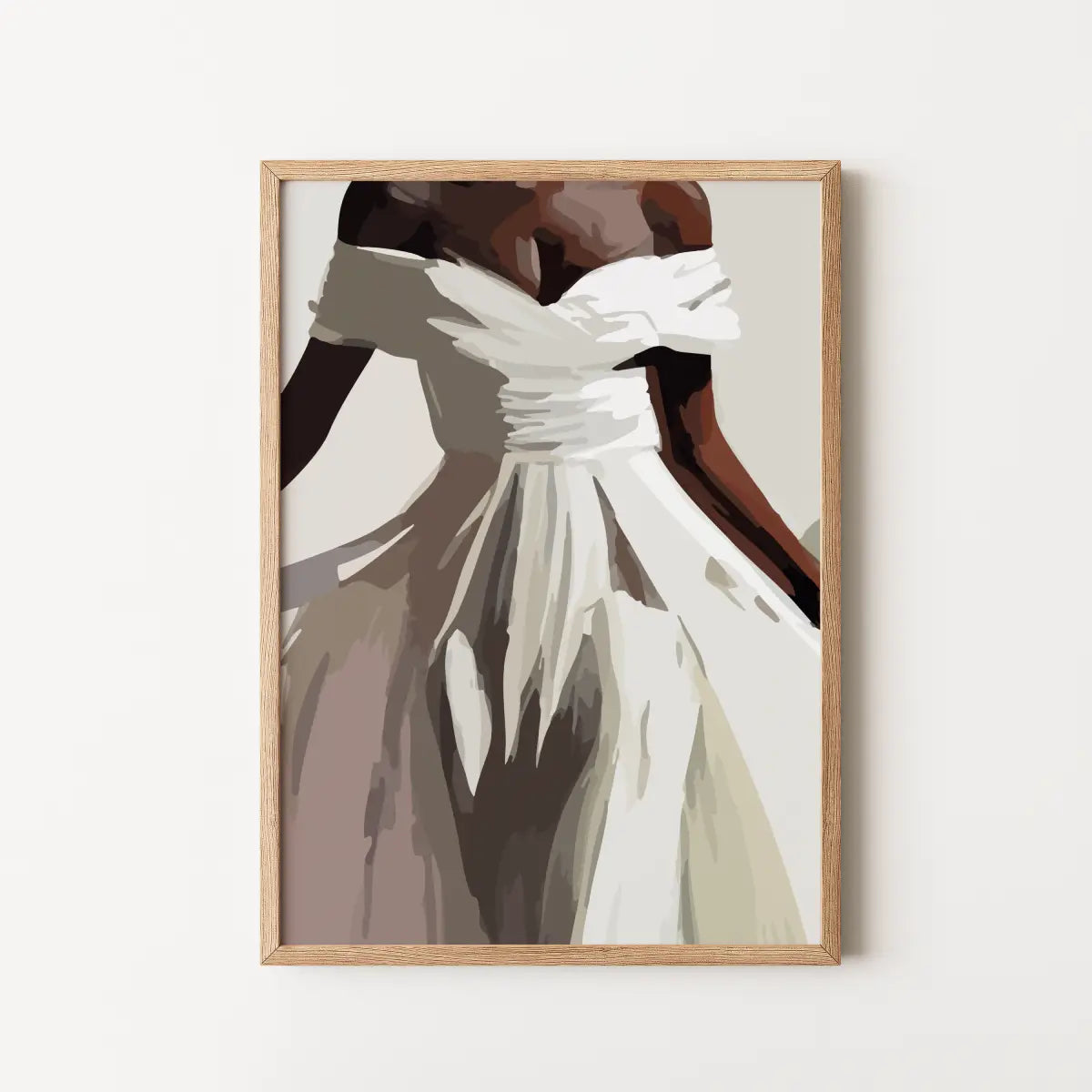 Framed art print featuring a stylized portrait of an african woman in an off-the-shoulder white dress.