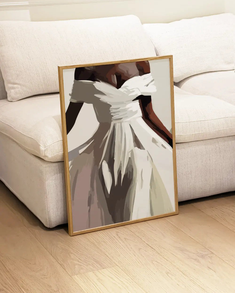 Abstract wall art of woman in white and grey dress