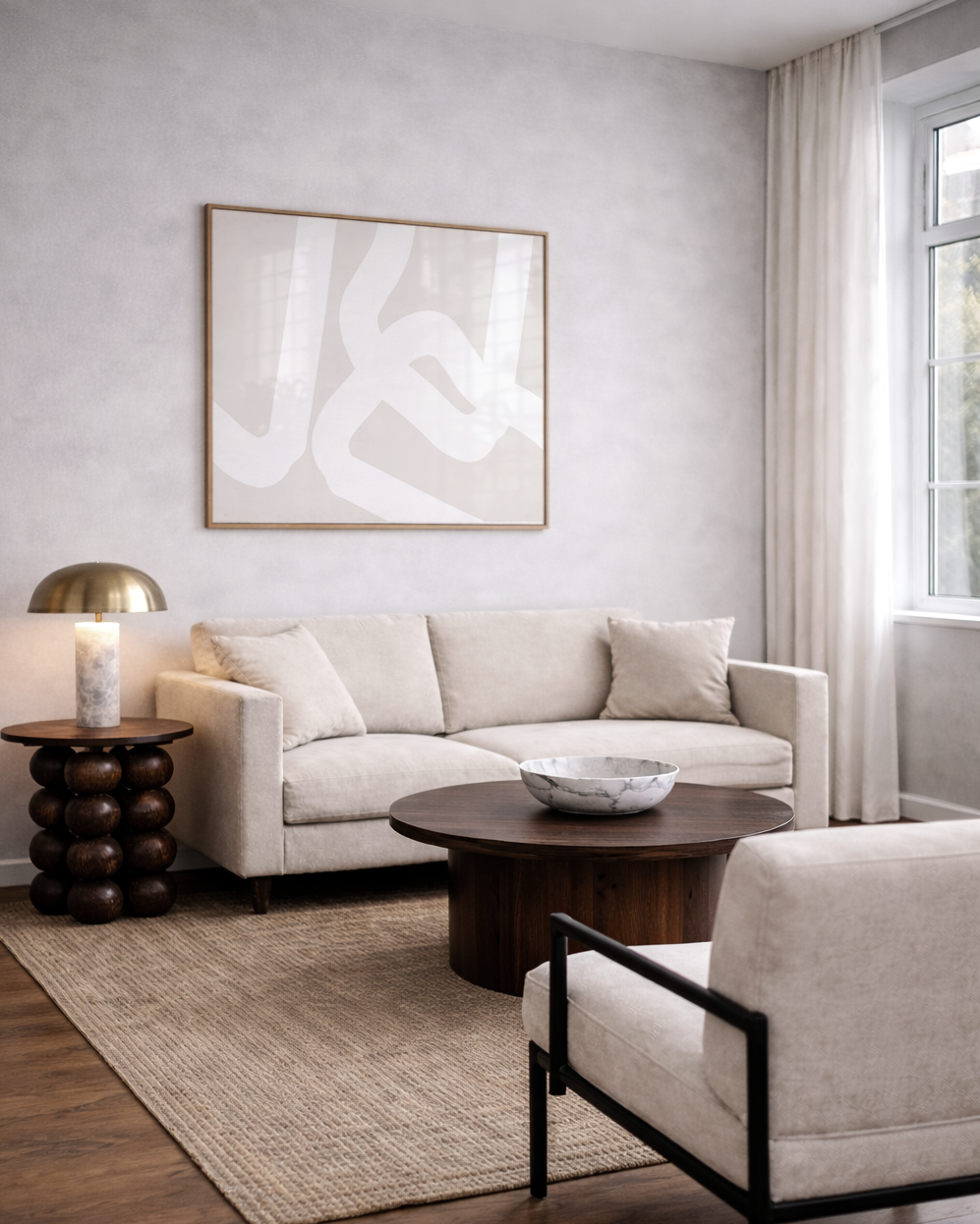 Modern living room with beige sofa, coffee table, and abstract art on wall.