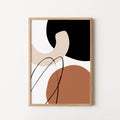Framed abstract earthy tones wall art with bold black, beige, terracotta, and white organic shapes.