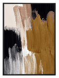 Abstract art print with sand briwn, black, and white brush strokes on a black frame.