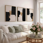 Coordinated abstract wall art set featuring gold-toned shapes