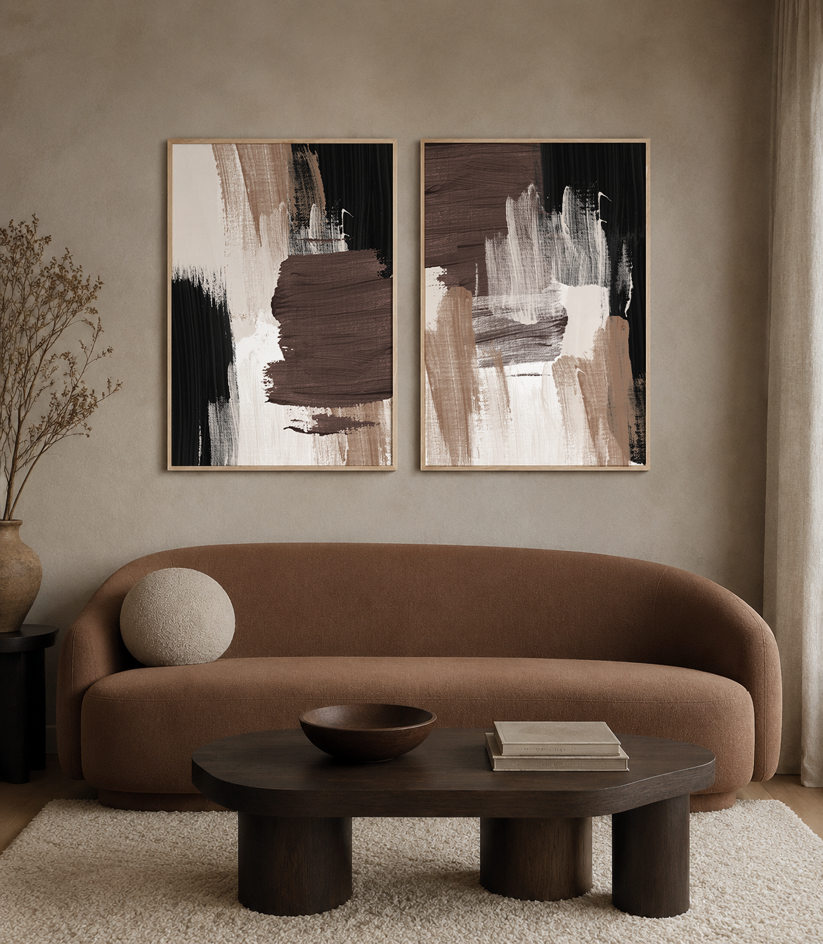 Abstract art featuring textured brushstrokes in brown, beige, black, and white.