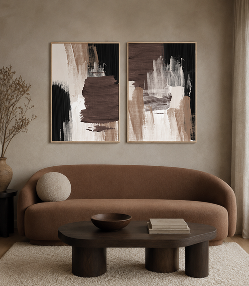 Abstract art featuring textured brushstrokes in brown, beige, black, and white.