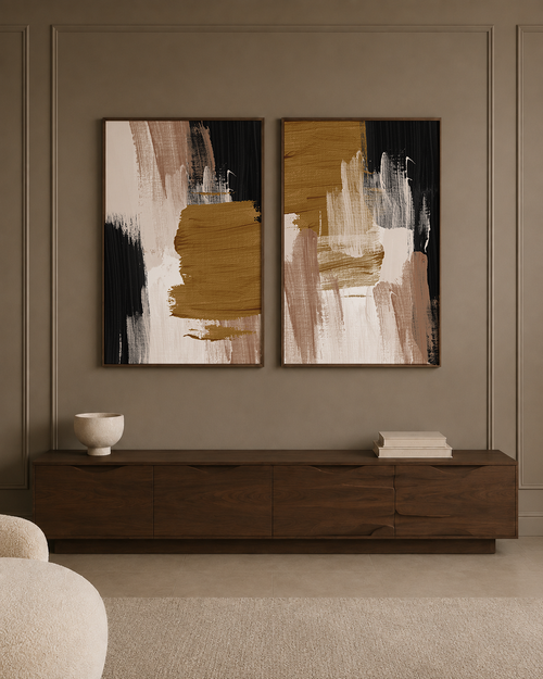 Abstract Strokes Sand Set of 2 Beige & Mustard Yellow Wall Art