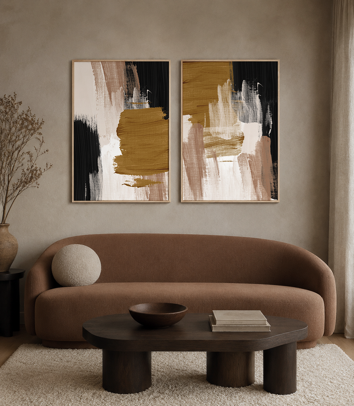 Abstract Strokes Sand Set of 2 Beige & Mustard Yellow Wall Art