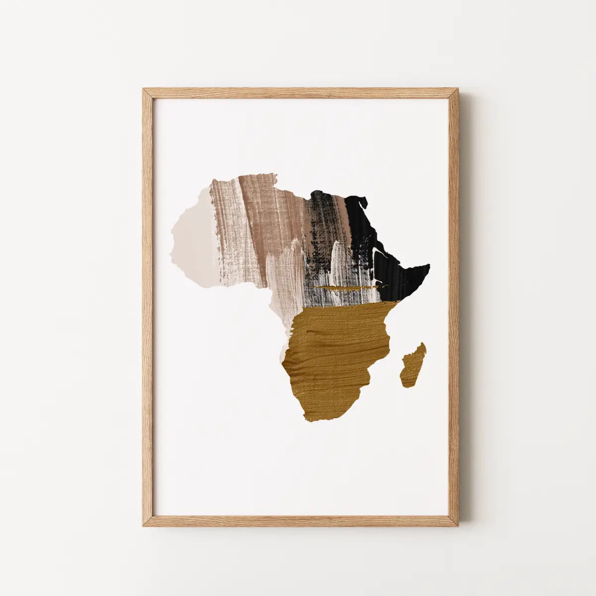 Framed abstract art print of the map of Africa, featuring textured brushstrokes in beige, brown, black.