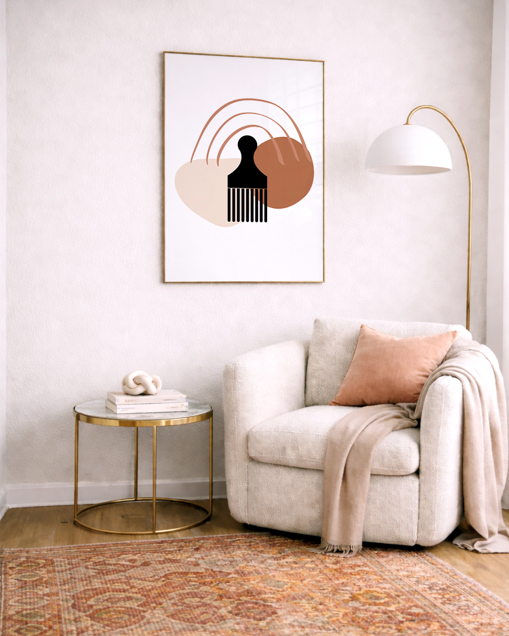 Modern living room with a beige armchair, gold side table, and abstract afro comb art on the wall.
