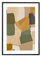 Modern abstract artwork featuring earthy tones of olive green, beige, and soft brown in layered geometric forms