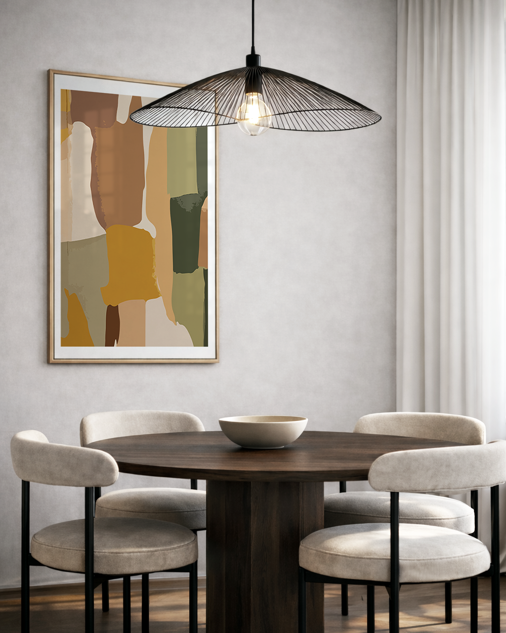 Dining room with wooden table, chairs, and abstract green and yellow wall art on the wall.