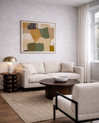 modern living room with abstract green and yellow wall art on the wall.