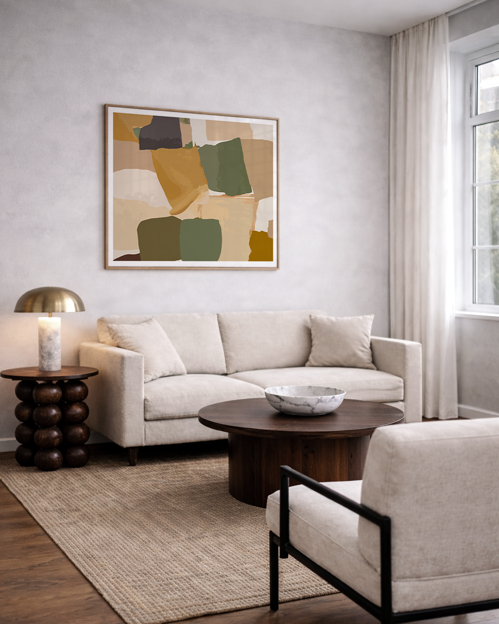 modern living room with abstract green and yellow wall art on the wall.