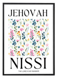 Jehovah Nissi flower wall art with pink and blue colours