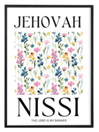 Jehovah Nissi flower wall art with pink and blue colours
