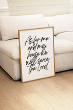 As for me and my house christian wall art in front of sofa