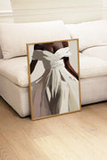 Abstract wall art of woman in white and grey dress