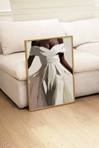 Abstract wall art of woman in white and grey dress