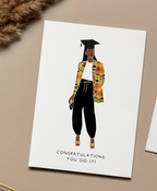 Graduation greeting card showing a Black female graduate celebrating her achievement