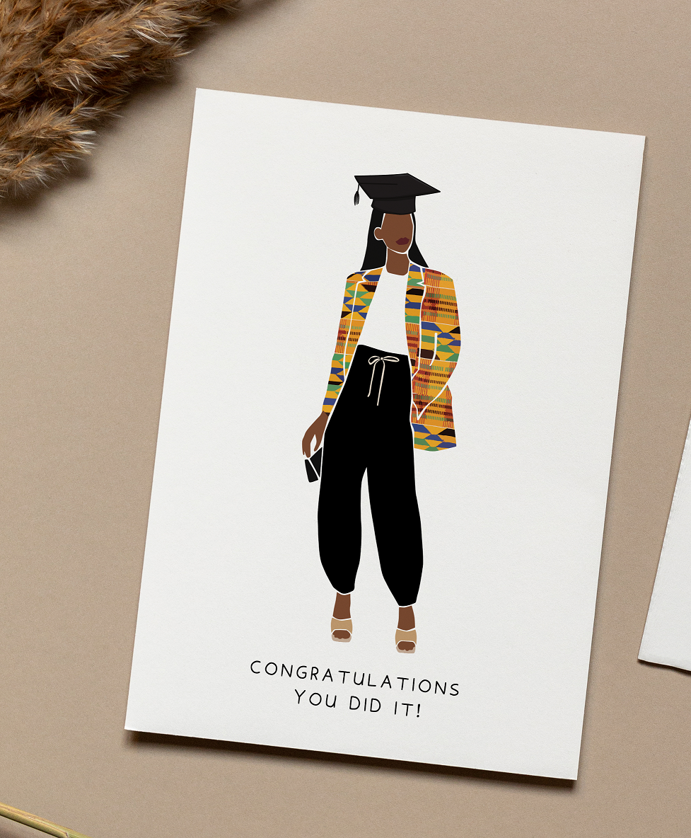 Graduation greeting card showing a Black female graduate celebrating her achievement