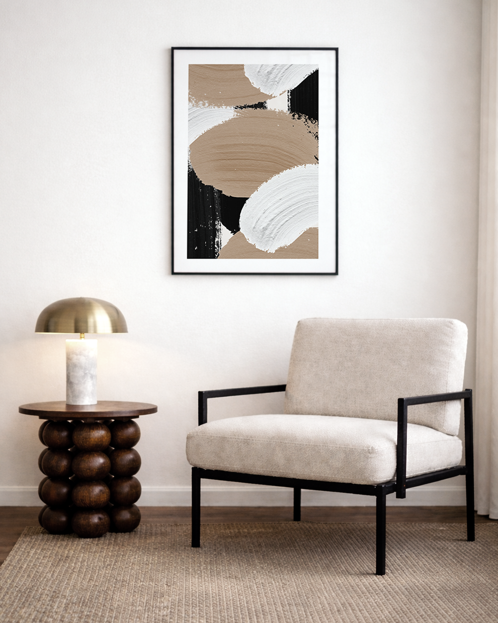 Abstract brush strokes neutral brown wall art in modern home. 