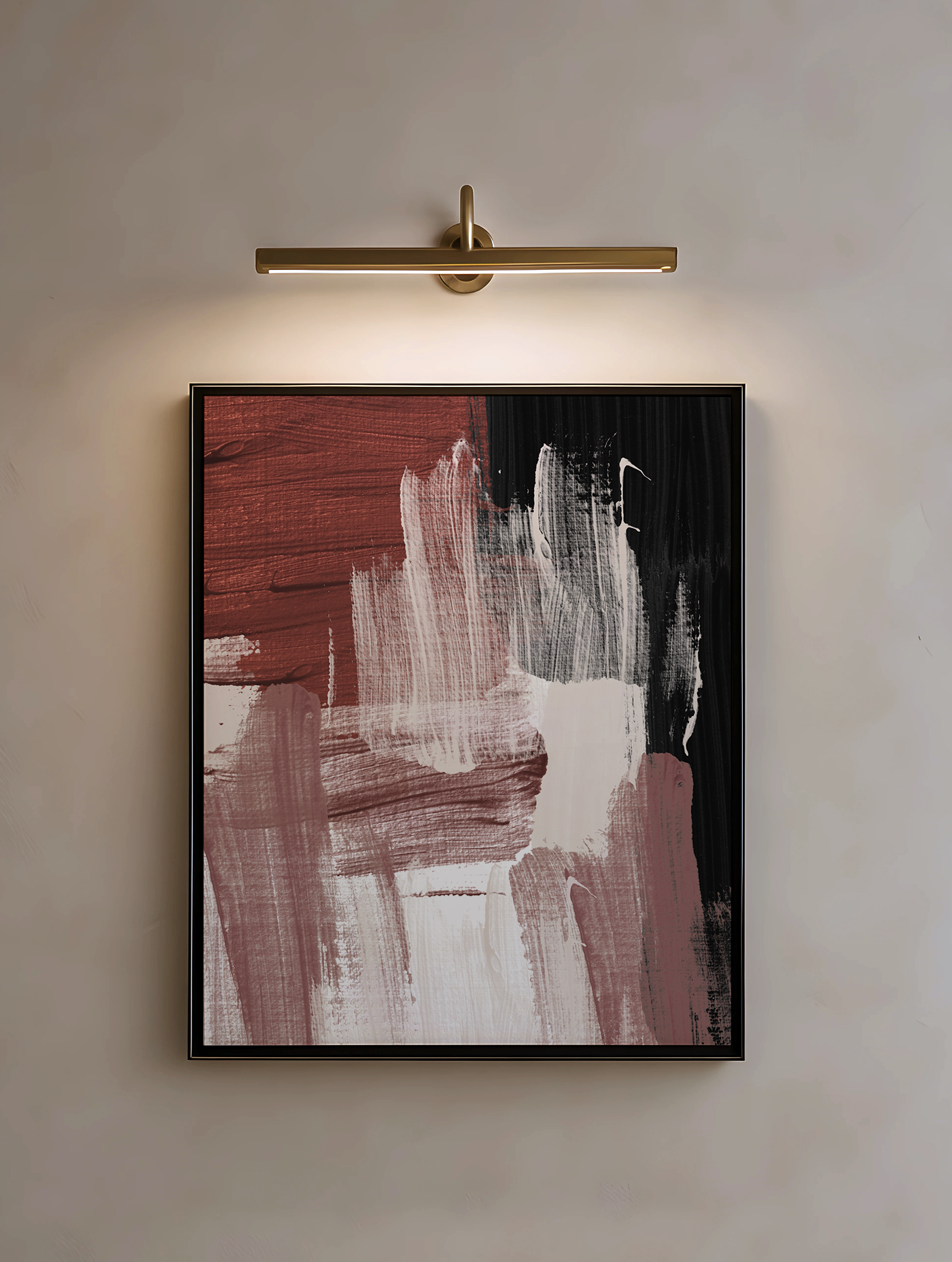 Abstract painting with a gold frame on a wall