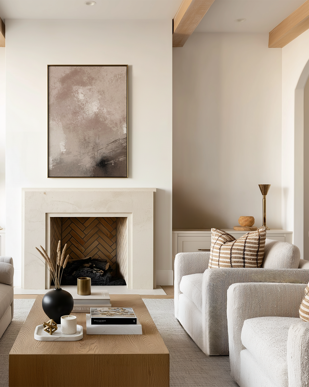 neutral wall art in beige and warm minimalist living room