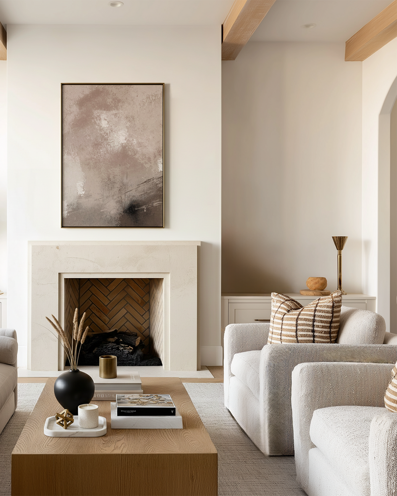 neutral wall art in beige and warm minimalist living room