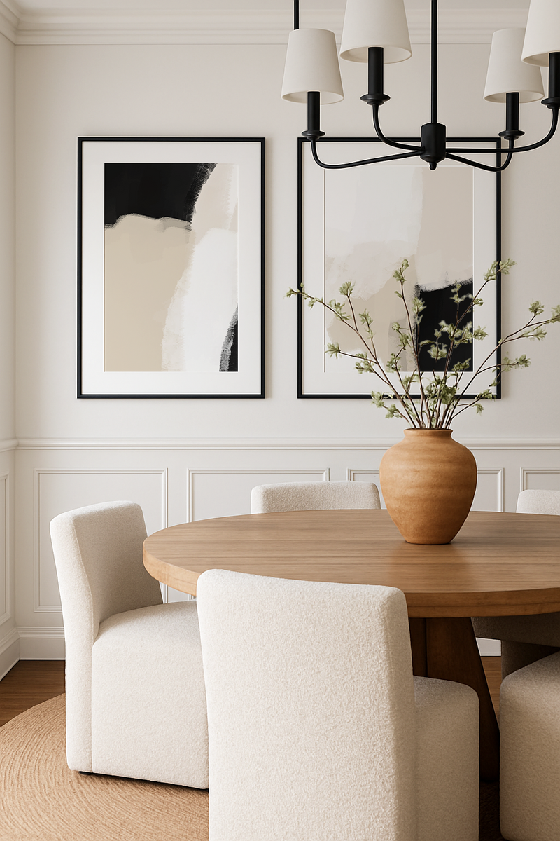 Dining room with wooden table, white chairs, and framed art on the wall.