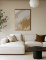 Load image into Gallery viewer, Modern living room with a white sofa, abstract gold canvas art, and a black coffee table.
