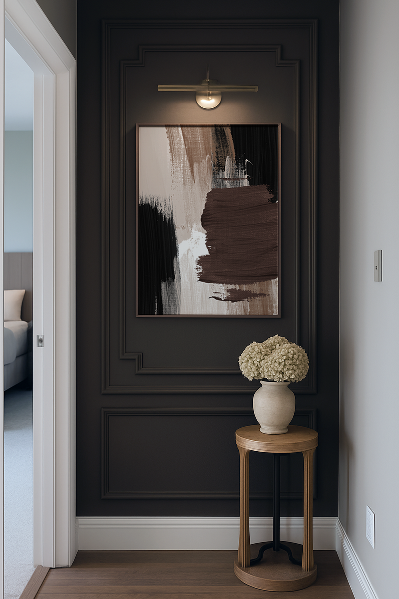 Hallway interior styled with abstract brush stroke wall art in warm neutral tones