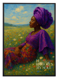 Faith-inspired artwork depicting a woman surrounded by vibrant natural colours, symbolising peace, restoration, and spiritual renewal