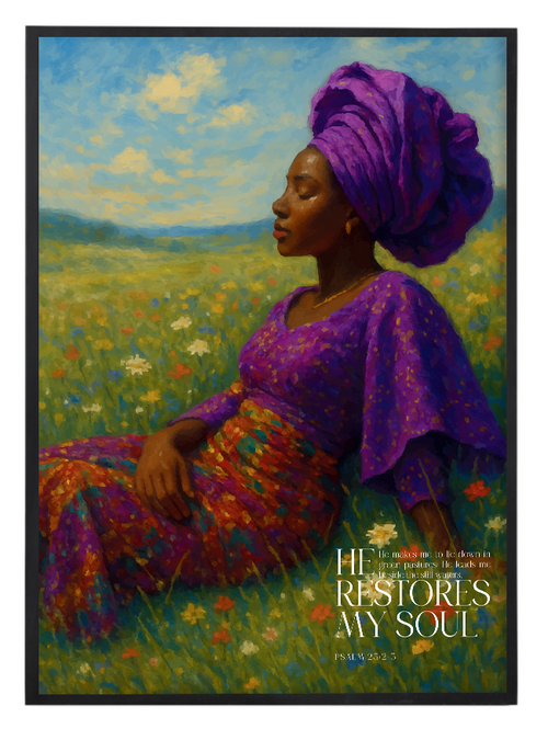 Faith-inspired artwork depicting a woman surrounded by vibrant natural colours, symbolising peace, restoration, and spiritual renewal