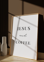 Typography wall art featuring the phrase Jesus and Coffee in a clean layout