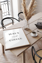 Minimal text-based wall art reading Jesus and Coffee with a modern feel