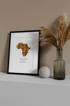 African-inspired wall art featuring a map of Africa filled with colourful kente patterns