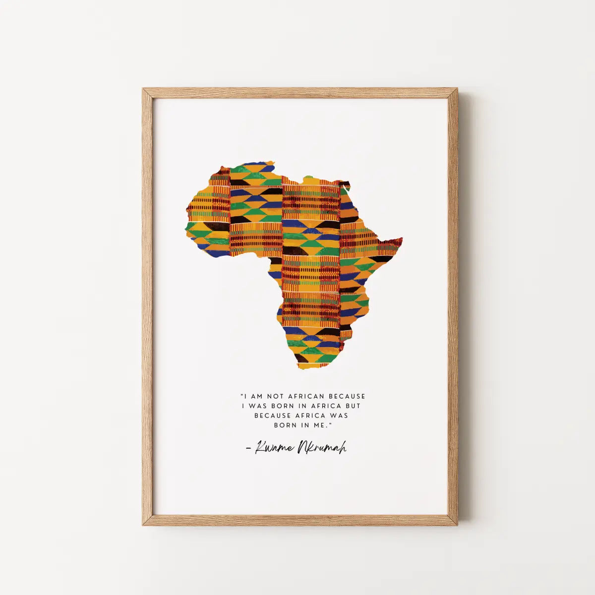 A framed art print featuring a colorful kente patterned silhouette of Africa.