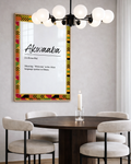 Dining room with a framed picture of 'Akwaaba' definition, colorful border, and modern chandelier.