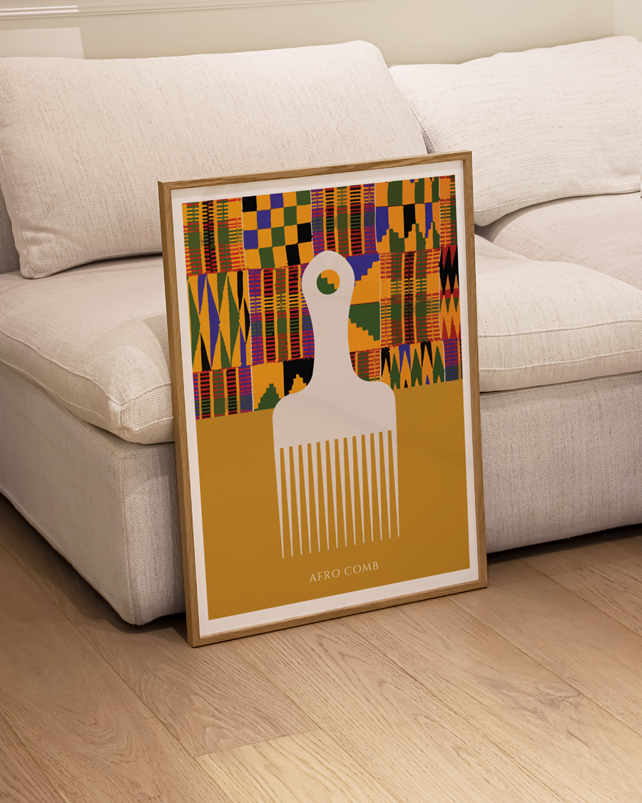Interior styling scene with framed African-inspired wall art