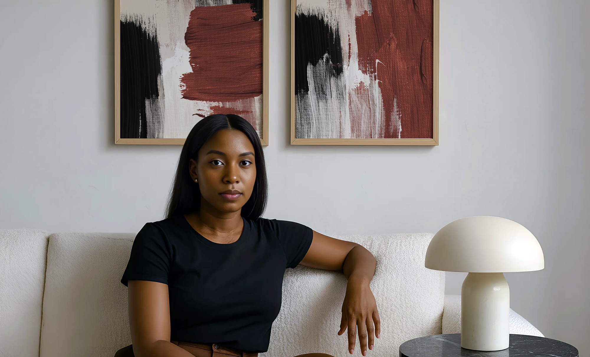 Woman sitting on a white couch in a modern living room with abstract burgundy art on the wall.