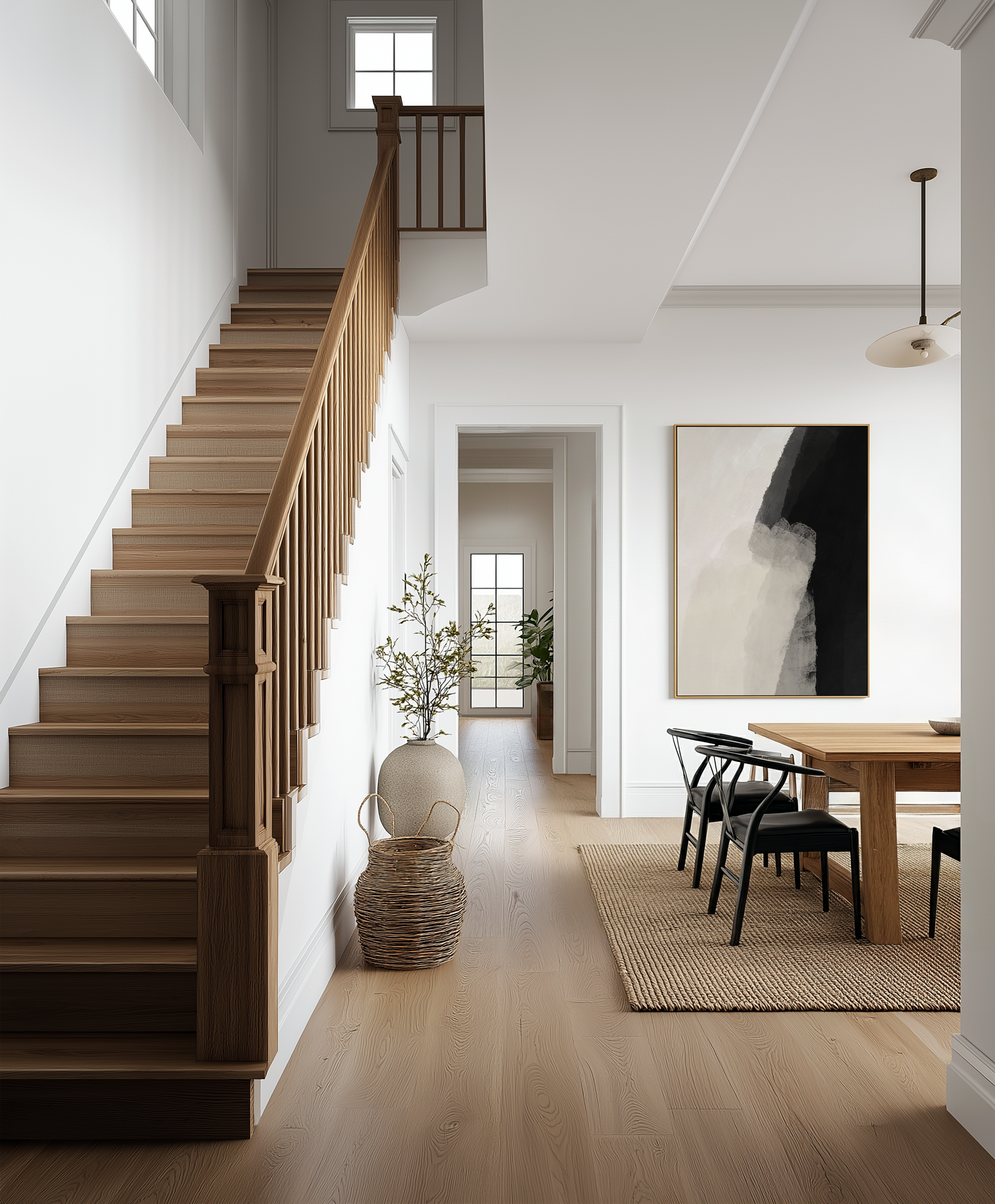 neutral modern wall art in modern home with stairs