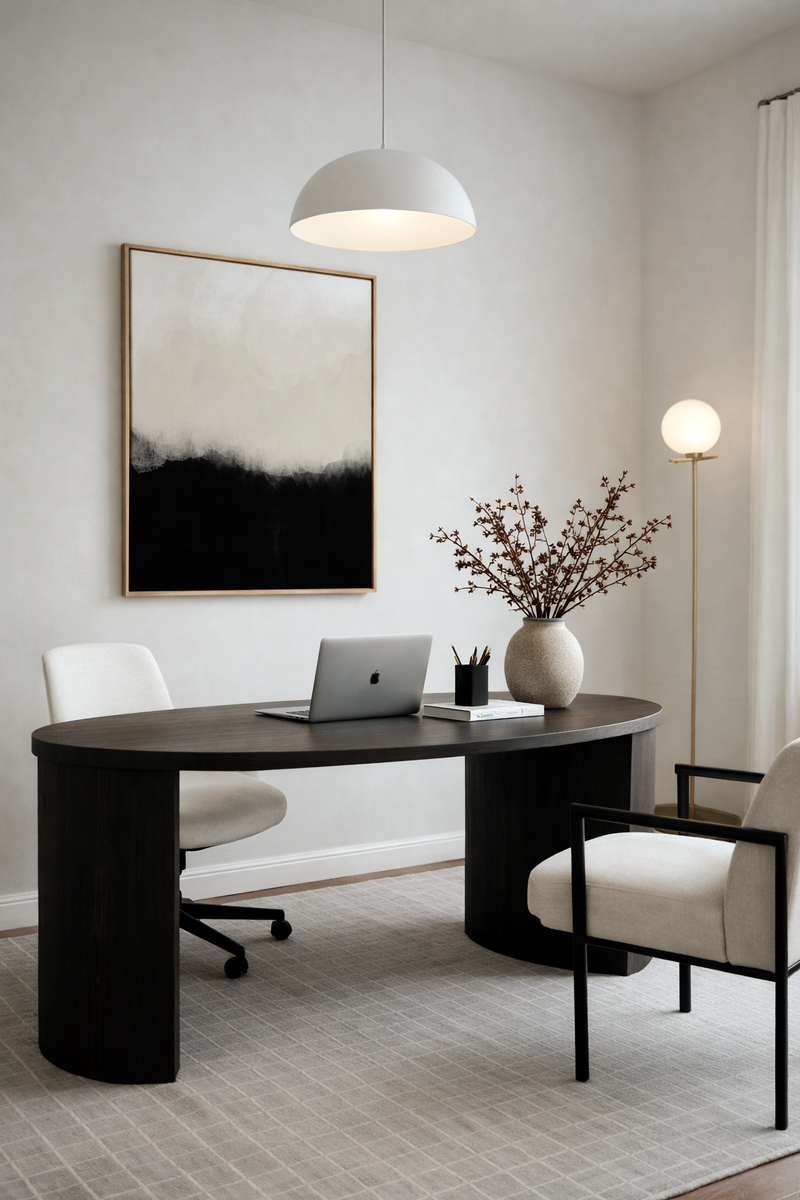 Modern home office with a black oval desk, white chairs, and decorative elements.